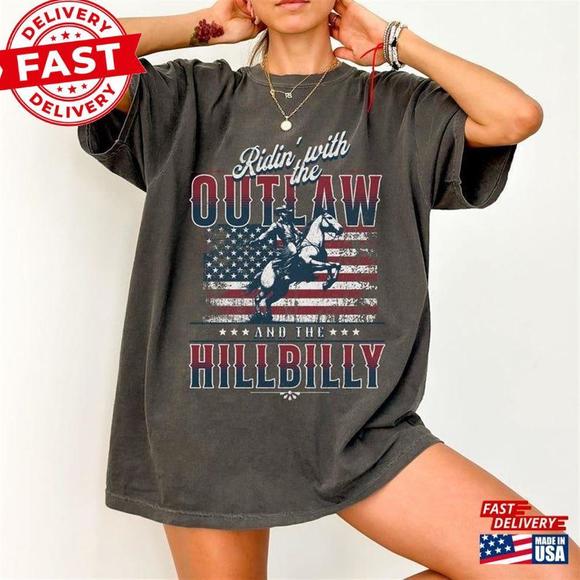Ridin With The Outlaw And Hillbilly Trump Shirt 2024 Election Conservative - Picture 1 of 4